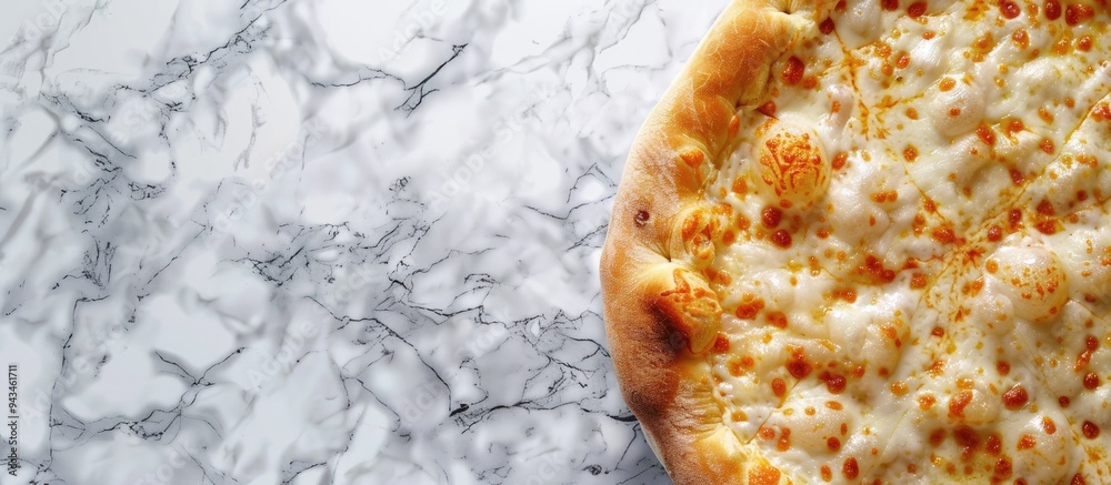 Poster Cheese bread on a marble table viewed from the top with a space available for your text or image. Creative banner. Copyspace image