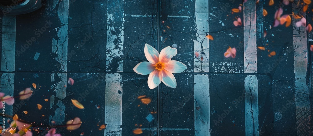 Poster Bird s eye view of a flower on an empty street with a spacious area for adding text or images. Creative banner. Copyspace image