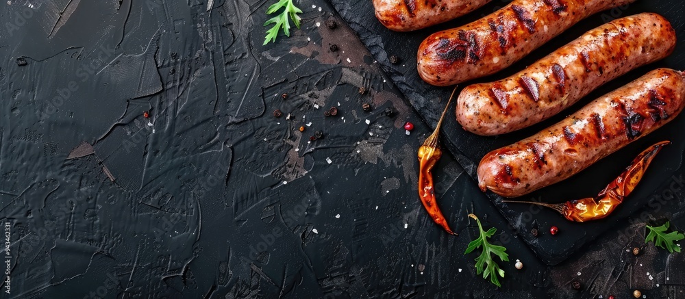 Aufkleber Grilled sausages with a dark background in a long banner format viewed from above with copy space image