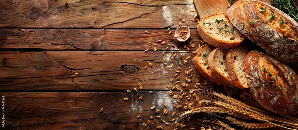 Aufkleber wooden background with sliced bread wheat grains and thyme creating a picturesque copy space image