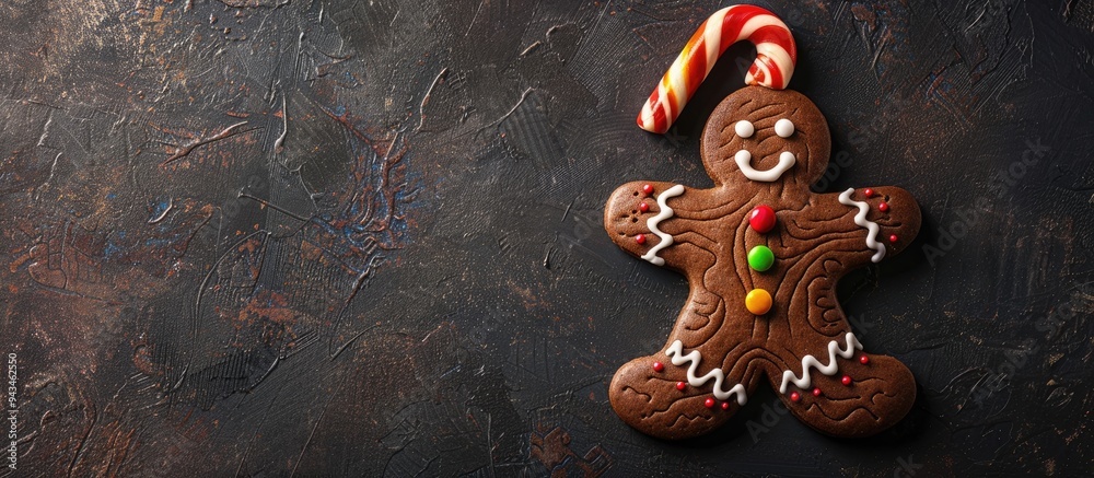 Aufkleber A chocolate coated gingerbread man cookie with a cane and colorful icing on a dark background viewed from the top with space for text or image. Creative banner. Copyspace image