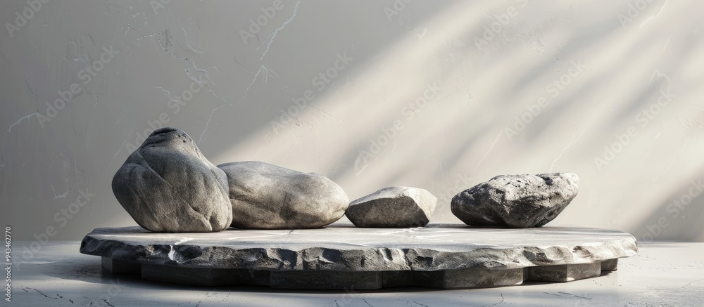 Aufkleber stone podium with rocks and snags on grey background ideal for showcasing products with a wabi sabi 