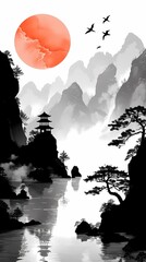Fototapeta premium Traditional black and white lines landscape illustration poster background