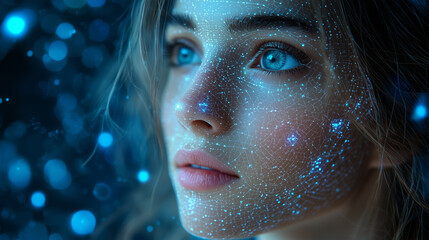 Artificial intelligence analyzing and processing data, focusing on a woman's facial features for facial recognition technology.