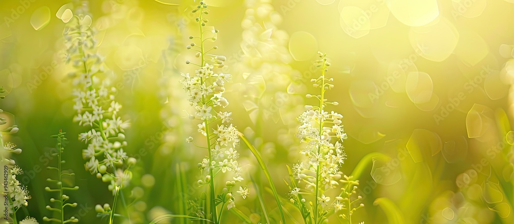 Aufkleber white flowers growing in a field with lush greenery filipendula ulmaria meadow flowers on a forest l