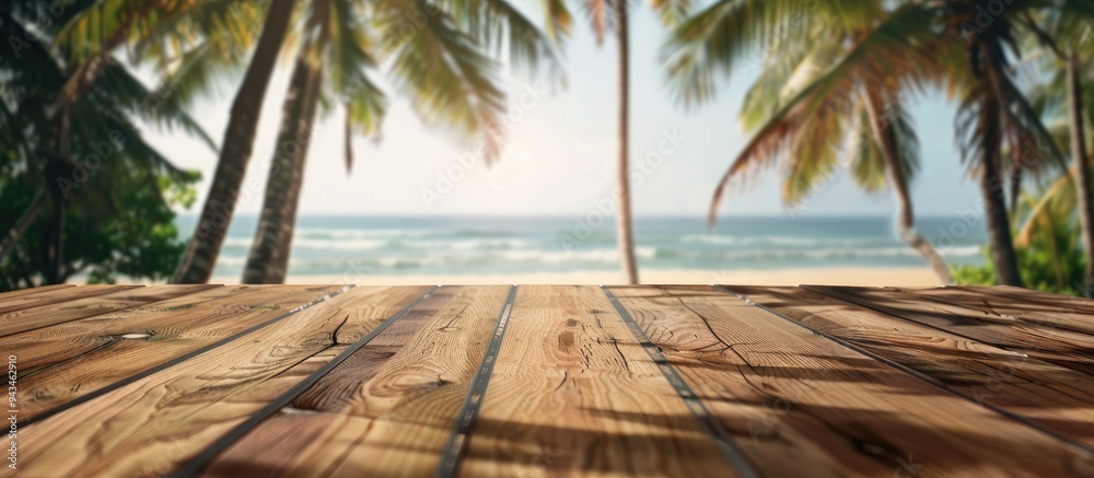 Poster A wooden table set against a blurred summer beach with palm trees creating a scenic backdrop for showcasing summer products with copy space image