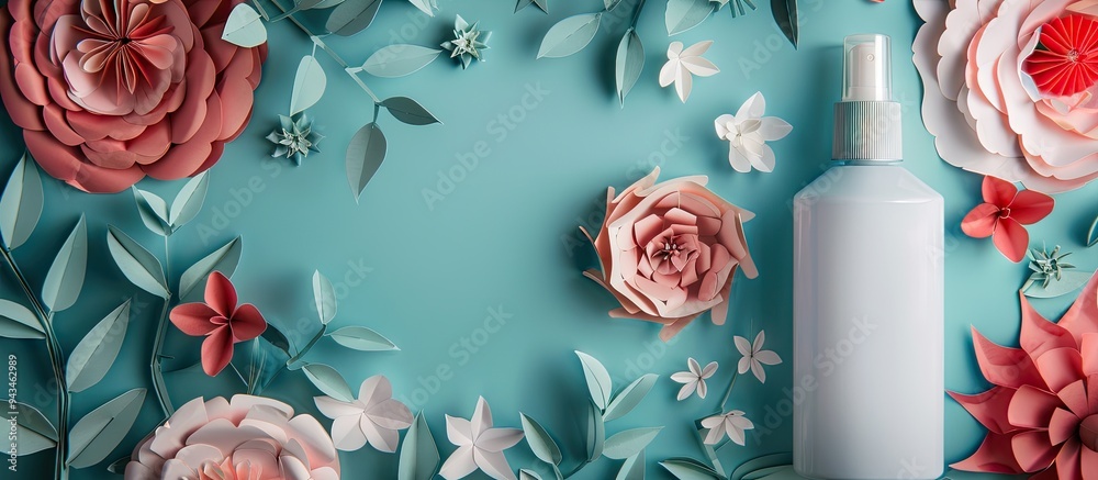 Wall mural Facial beauty products displayed with decorative paper flowers on a blue backdrop perfect for design with copy space image