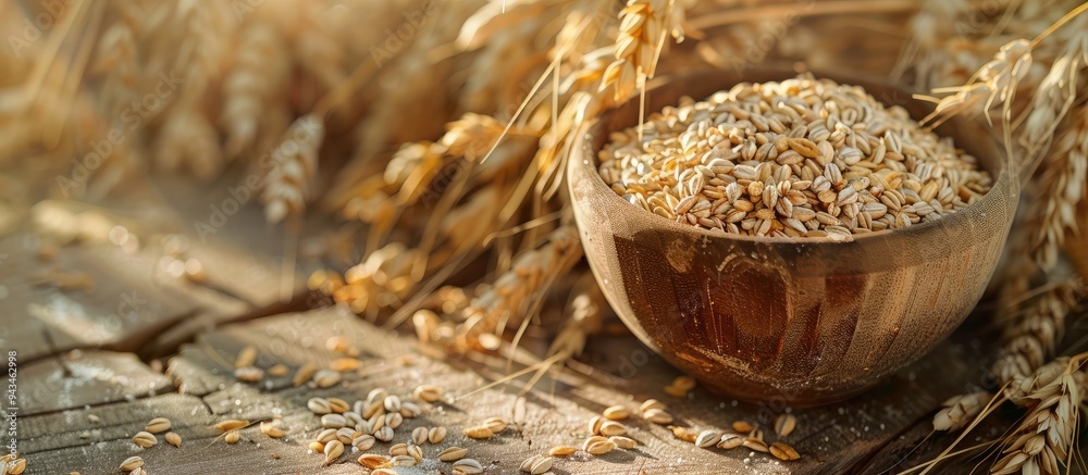 Poster organic harvest with oat seeds in a wooden bowl and ears on the table creating a rustic display with