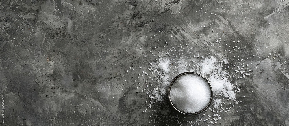 Poster Top down view of a salt shaker placed on a textured grey surface with copy space image available for adding text