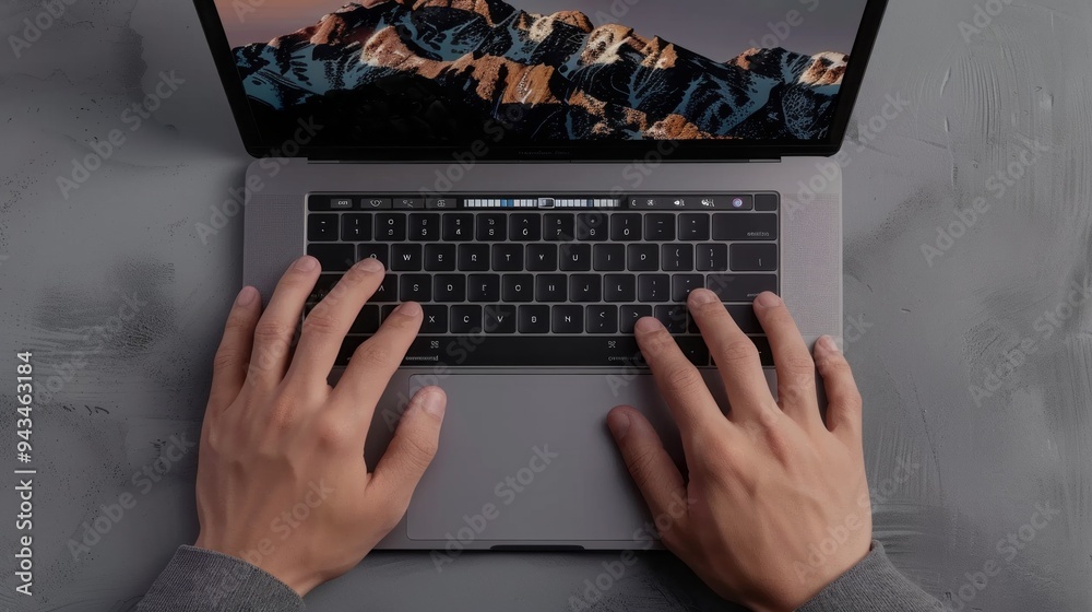 Poster a man is typing on a laptop with a mountain background