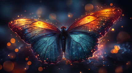 Digital butterfly with glowing, colorful patterns set against a cosmic background, emphasizing vibrant hues and ethereal effects.