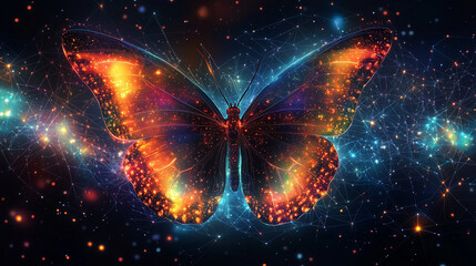 Vibrant digital butterfly with luminous patterns against a cosmic backdrop, highlighting its colorful and ethereal effects.