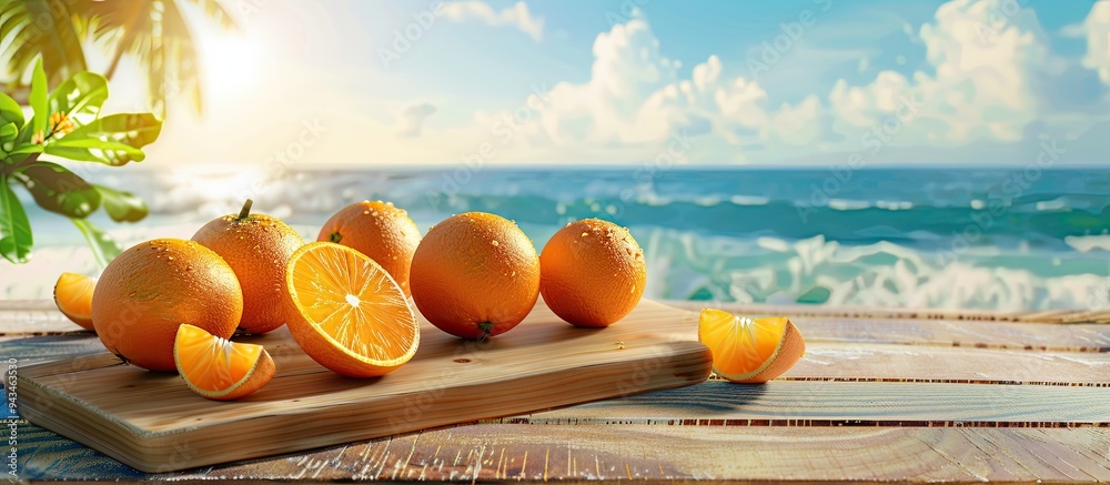Poster Oranges on a wooden cutting board placed on a summer themed table with a blurred seascape backdrop offering a summer ambiance for product presentation with ample copy space for images