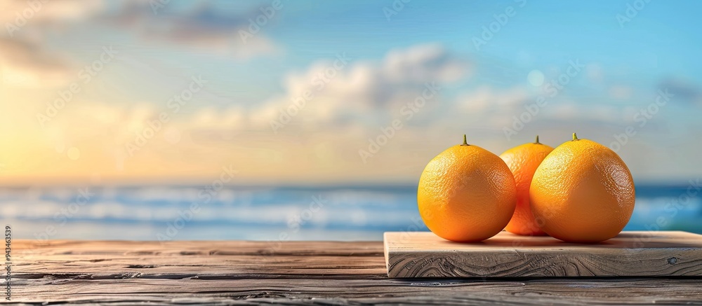 Poster a wooden board showcases three round oranges against a blurred seascape backdrop with a wooden table