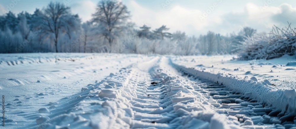 Aufkleber snow covered road with tire tracks captured in the image with copy space