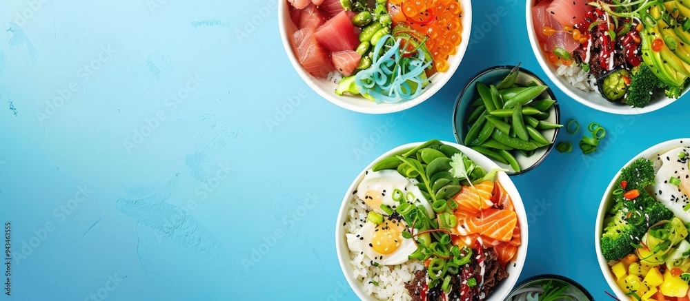 Poster Various poke bowl varieties showcased in a top view image with a blue background with plenty of copy space for additional text or graphics