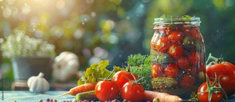 Poster Jar of pickled tomatoes surrounded by vegetables on a bright background with ample copy space image