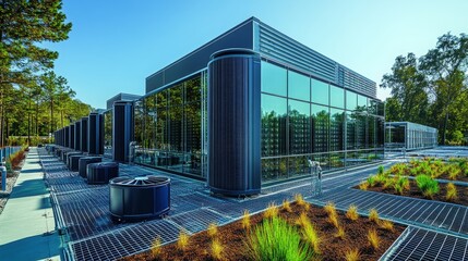 A modern data center utilizes renewable energy, featuring sleek glass exteriors and landscaped surroundings that emphasize sustainability.
