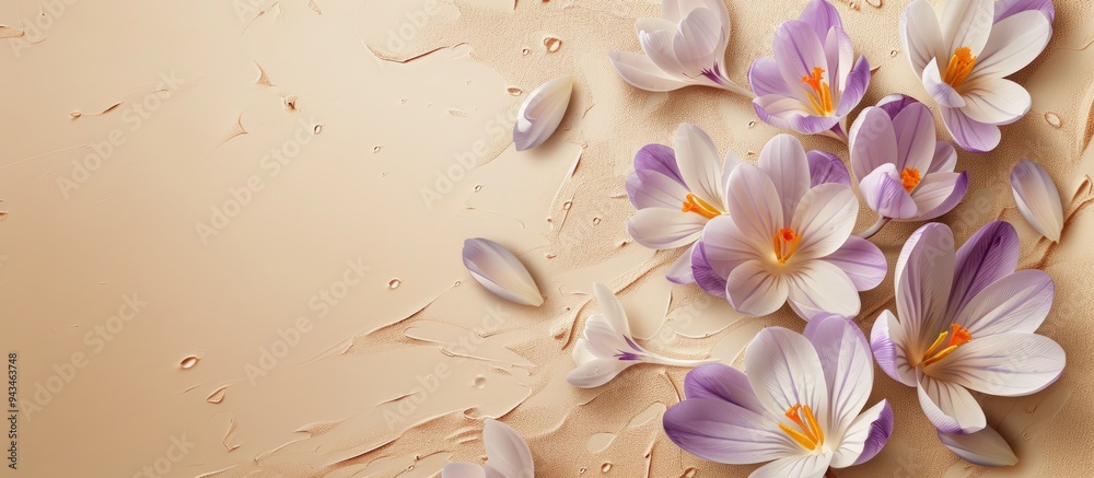 Poster crocus flowers beautifully displayed on a beige backdrop with copy space image