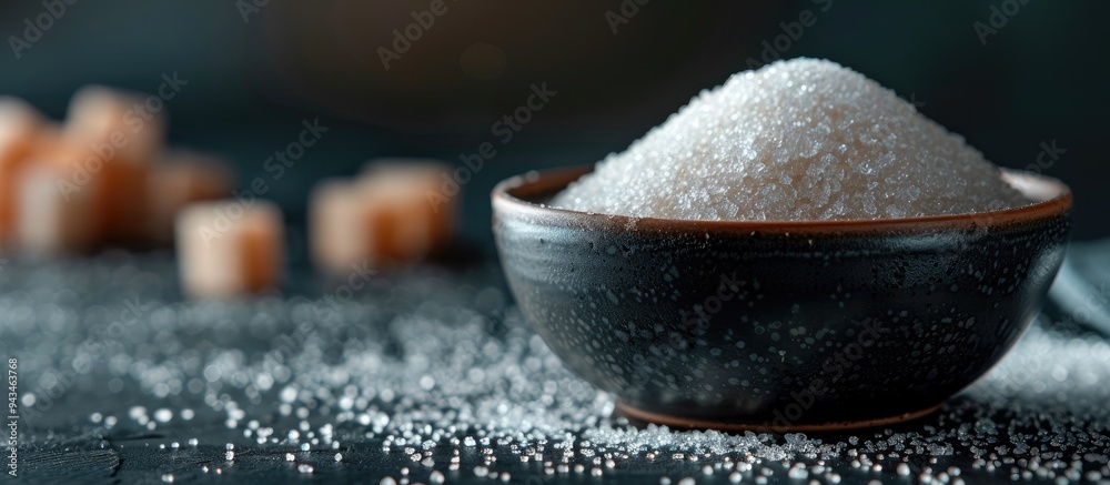 Leinwandbilder On a dark backdrop lies cane sugar in a bowl with a blurred background perfect for adding text or other elements in the unused space within the image. Creative banner. Copyspace image