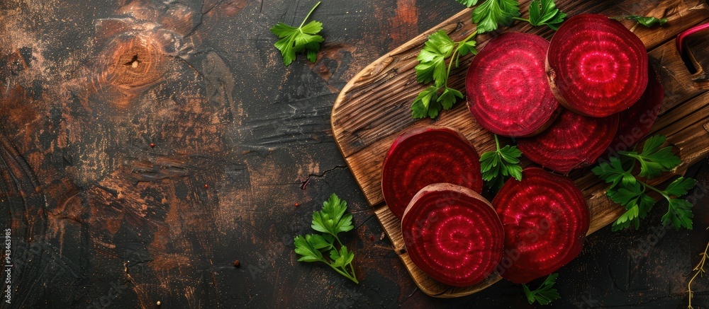 Aufkleber Boiled beetroot slices on a wooden cutting board with parsley leaves against a rustic backdrop for a copy space image