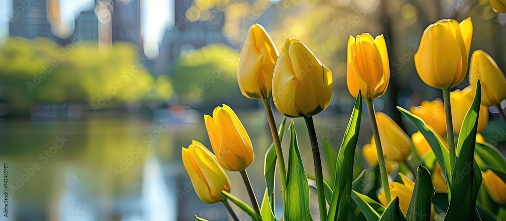 Leinwandbilder bright yellow tulips blooming in the park provide a vibrant and colorful display against a serene ba
