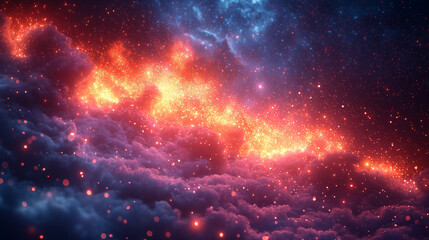 Naklejka premium Magical neon background with bokeh lights and particles, showcasing an explosion and swirl of sparkles against a dark, abstract backdrop with clouds.