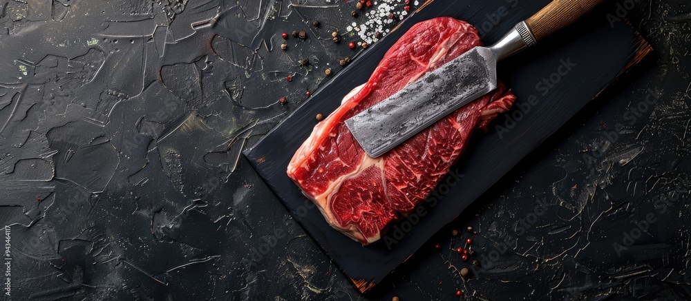 Poster top view of a raw skirt beef steak on a meat cleaver with a black background providing ample copy sp