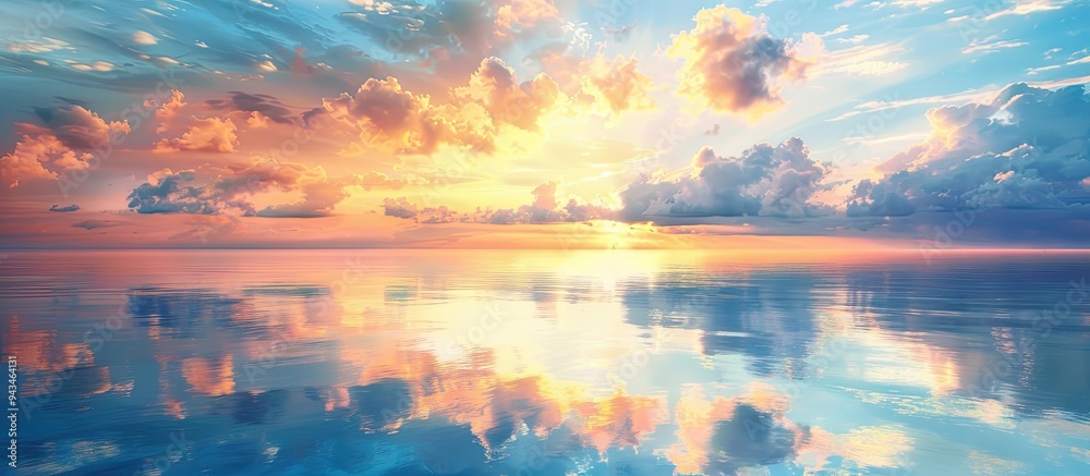 Poster Scenic view of a calm lake mirroring vibrant clouds offering a tranquil setting with ample copy space image