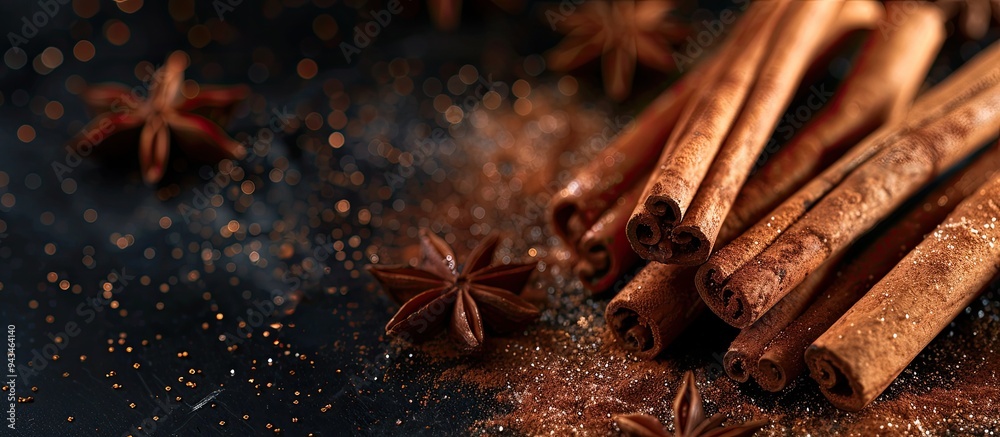 Poster Cinnamon sticks alongside cinnamon powder create a visually appealing copy space image