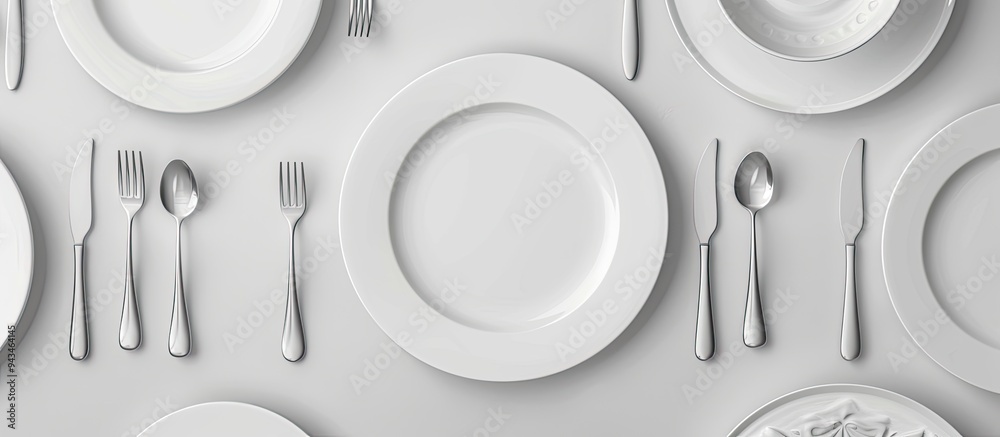 Leinwandbilder neatly arranged plates and silverware on a white surface with copy space image