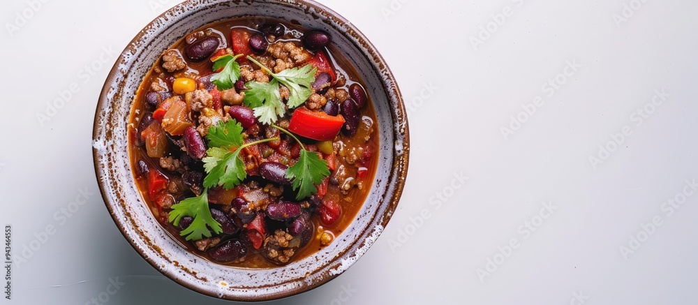 Poster top view of a ceramic bowl with chili con carne on a white backdrop providing ample copy space image