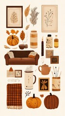 Autumn Comfort: Knolling-Style Illustration of a Cozy and Meticulously Arranged Scene