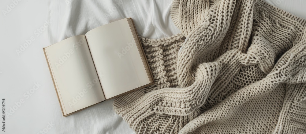 Poster A book and a sweater set against a white backdrop creating a simple composition with copy space for an image
