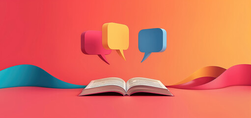 Open book with colorful 3D speech bubbles above and abstract waves in orange gradient background.