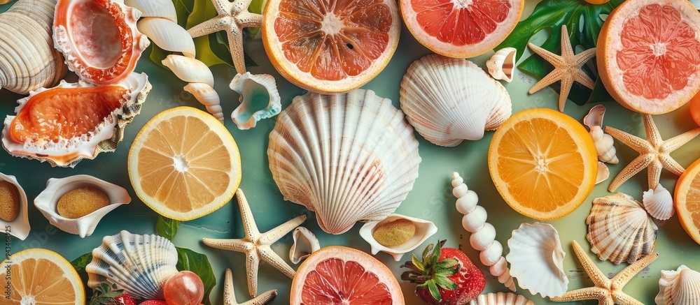 Fototapete a flat lay image depicting summer vibes with a mix of seashells fruits and trendy accessories on a t