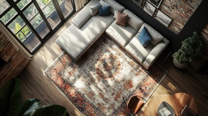 Elegant top-down shot of a chic living room with a sleek sofa, designer rug, and large windows allowing natural light.