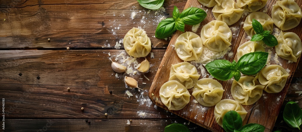 Aufkleber wooden background showcasing a board with uncooked dumplings and fresh basil featuring copy space im