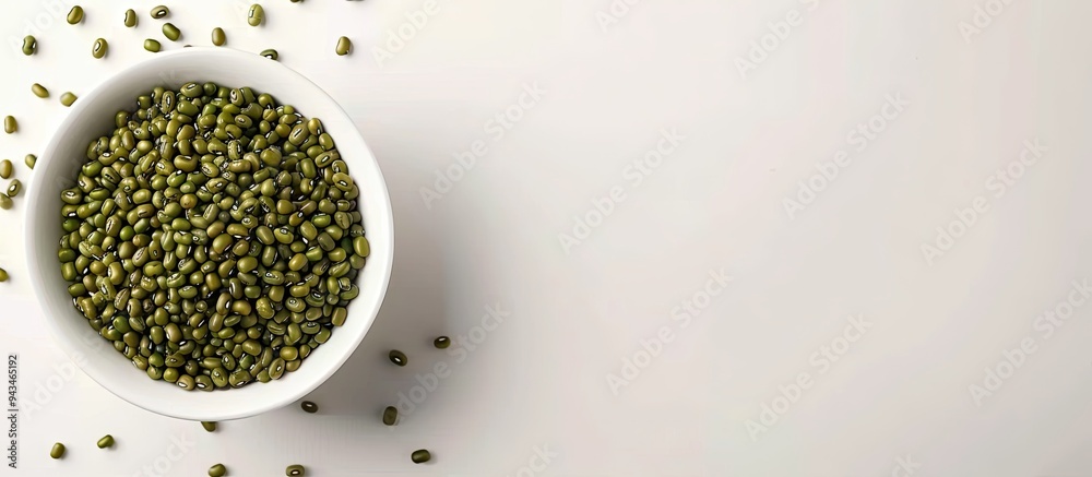 Aufkleber white bowl with organic mung bean and green moong dal on a white background with copy space image