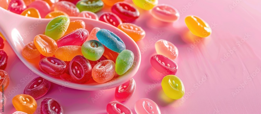 Poster spoonfuls of jelly candies on a pink backdrop with ample copy space image
