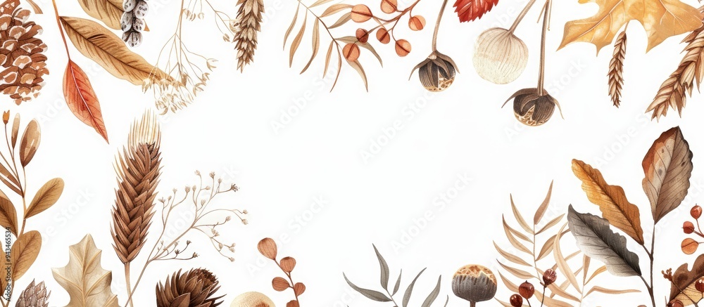 Poster folk art inspired pattern with dry herb leaves twigs grain and flowers perfect for a copy space imag