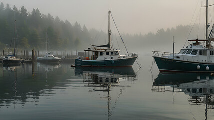 Fototapeta premium A foggy morning in a quiet harbor, with boats gently bobbing in the water. Background