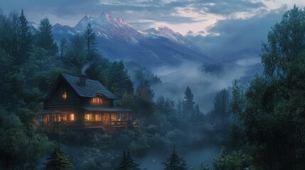 Fototapeta premium Enchanting evening scene of a lit wooden house nestled in the forest, with foggy mountains rising in the distance.