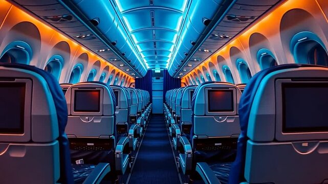 Inside a modern airplane cabin with vibrant lighting showcasing comfortable seating arrangement