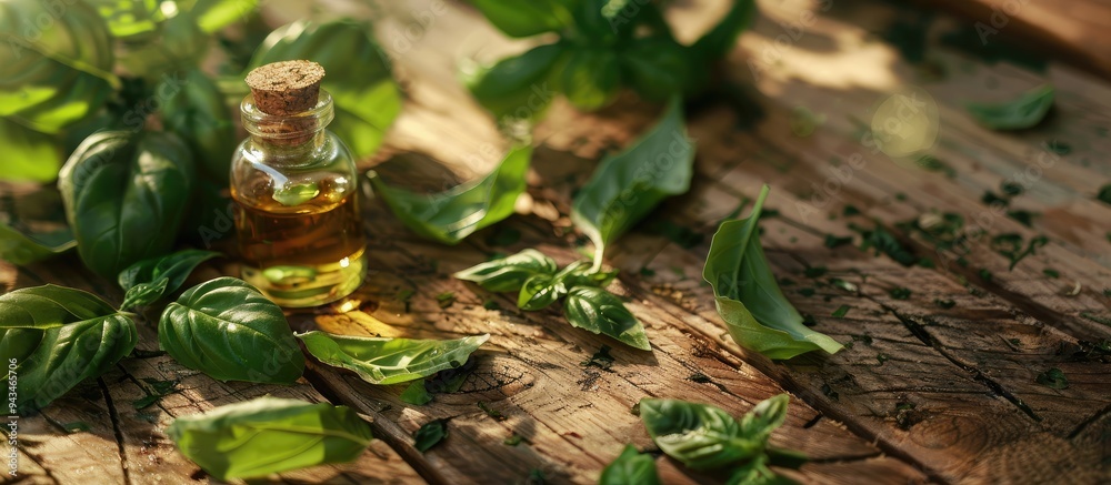 Poster fresh basil leaves and essential oil displayed on a wooden background for aromatherapy and herbal me