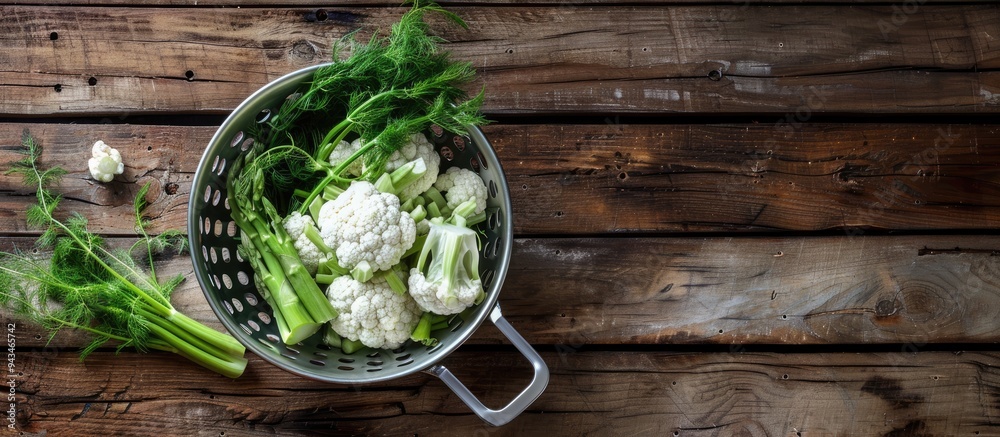 Aufkleber Flat lay of a metal colander filled with cauliflower fennel and asparagus on a wooden table with available space for text incorporating a copy space image