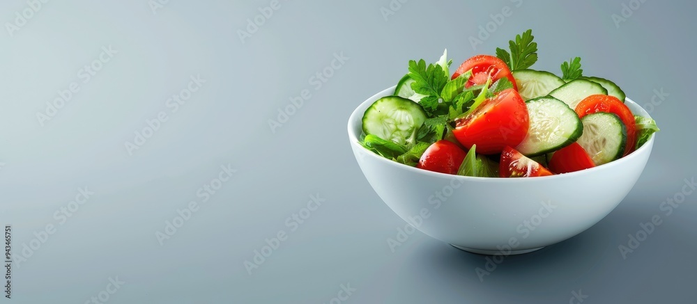 Aufkleber fresh vegetable salad in a bowl with tomato and cucumber on a grey background ideal for copy space i