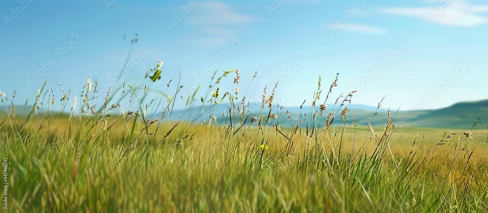 Aufkleber tranquil rural scene with tall grass tiny snails clear blue sky and distant hills perfect for a copy
