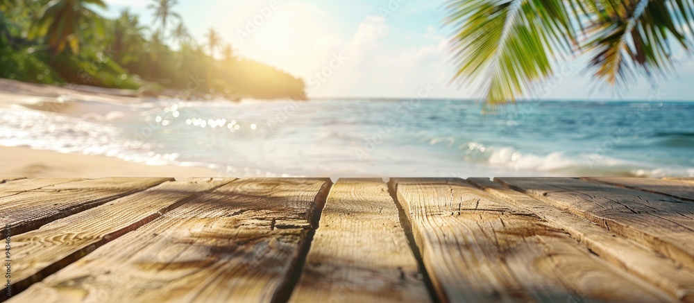 Poster wooden table featuring a sunny tropical beach background blurred to enhance focus ideal for showcasi