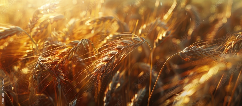Poster close up of ripe rye ears in a sunny field creating a harvest themed copy space image